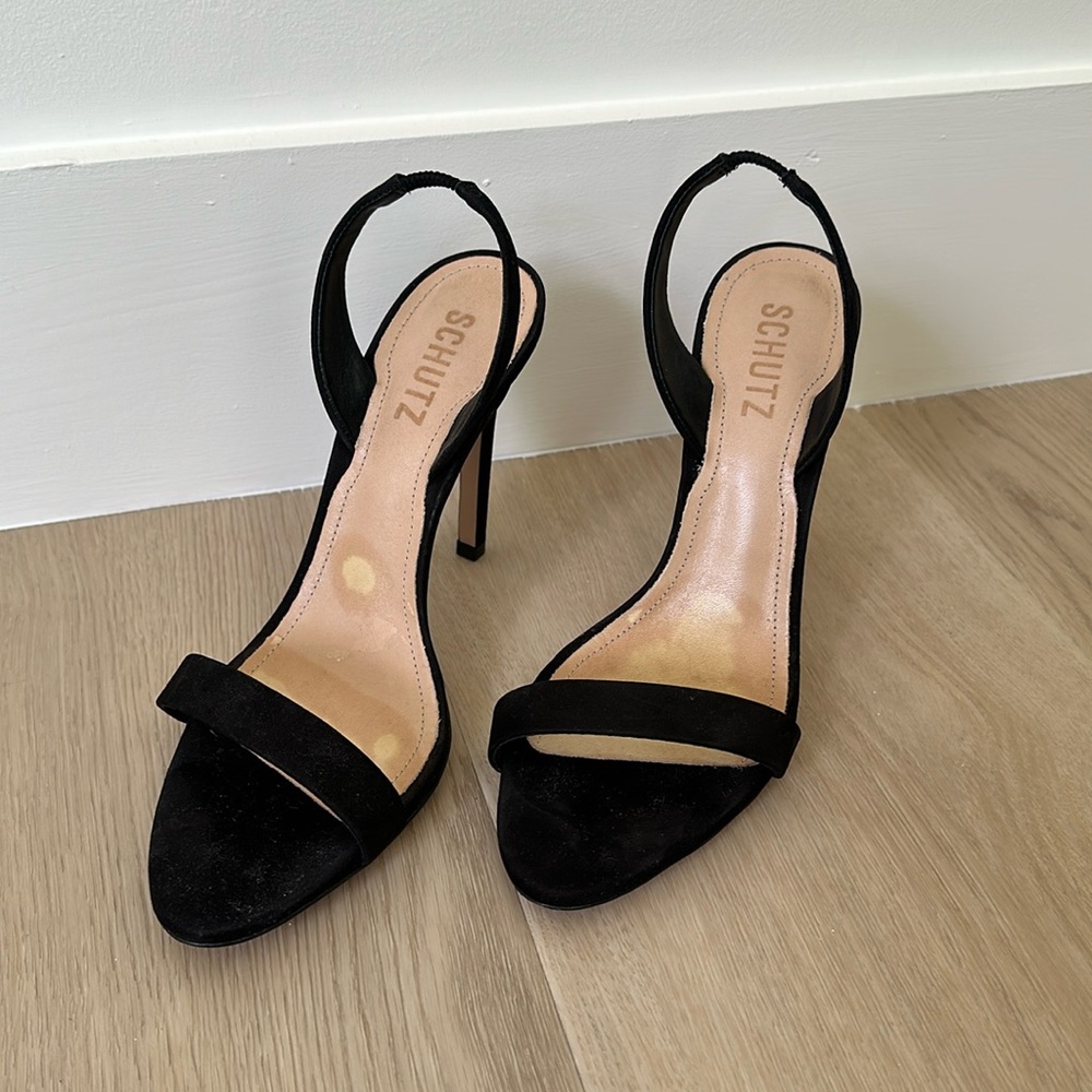 Black suede sling back heel